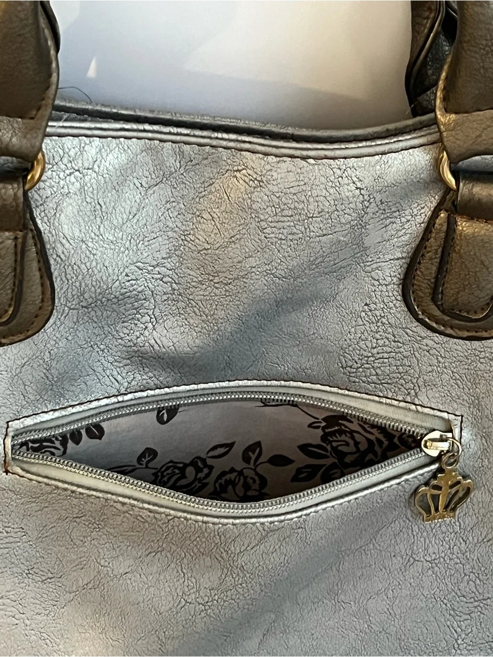 Limelight Metallic Silver Tote Bag, Brown Trim, Braided Detail & Floral Lining - Picture 9 of 16
